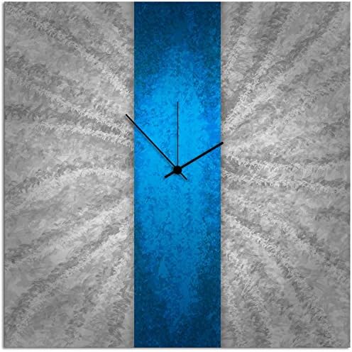 Metal Art Studio 'Blue Stripe Clock' Modern Metal Wall Clock, Blue, Silver (L0046)