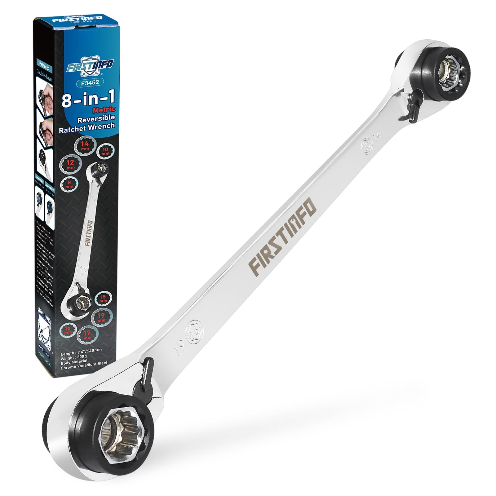 FIRSTINFO F3452 Ratchet Ring Spanner 8-in-1, 12 Point Ratchet, | Metric | CR-V | 90 Teeth Reversible Combination Wrench Including 8, 10, 12, 13, 14, 15, 17, 19 mm