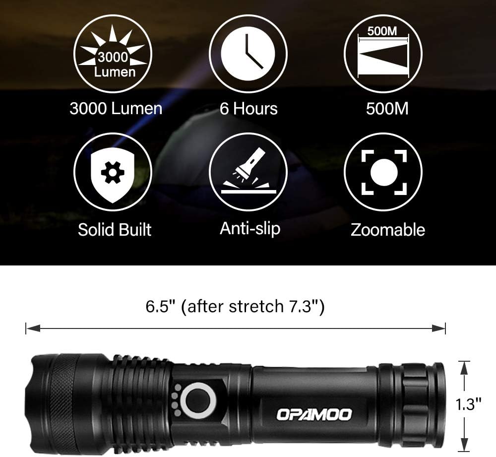 Rechargeable Tactical Flashlight, LED Flashlight 3000 Lumen, 5 Modes, Zoomable, Waterproof, with Rechargeable Battery, Handheld Flashlight for Camping Hiking Biking Outdoor Activity - - 