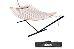 Hammock with Stand for Outside,IKARE Two Person Hammock with Pillow- Freestanding Heavy Duty Hammock with Spreader Bar for Backyard, Bedroom, and Portable Use(Warm Sand Beige)