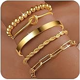 PLOMFOV Gold Bracelets for Women Stack Non Tarnish 14K Gold Plated Chunky Gold Bangles Bracelet Set Beaded Paperclip Chain Cuban Link Dainty Trendy Waterproof Stackable Cuff Bracelets Jewelry Gifts for Women