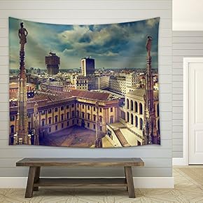 Milan, Italy Panorama. View from Milan Cathedral. Royal Palace of Milan - Fabric Wall Tapestry Home Decor - 51x60 inches