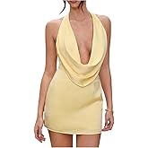 SHENHE Women's Satin Halter Dress Draped Deep V Neck Backless Y2K Party Mini Dresses