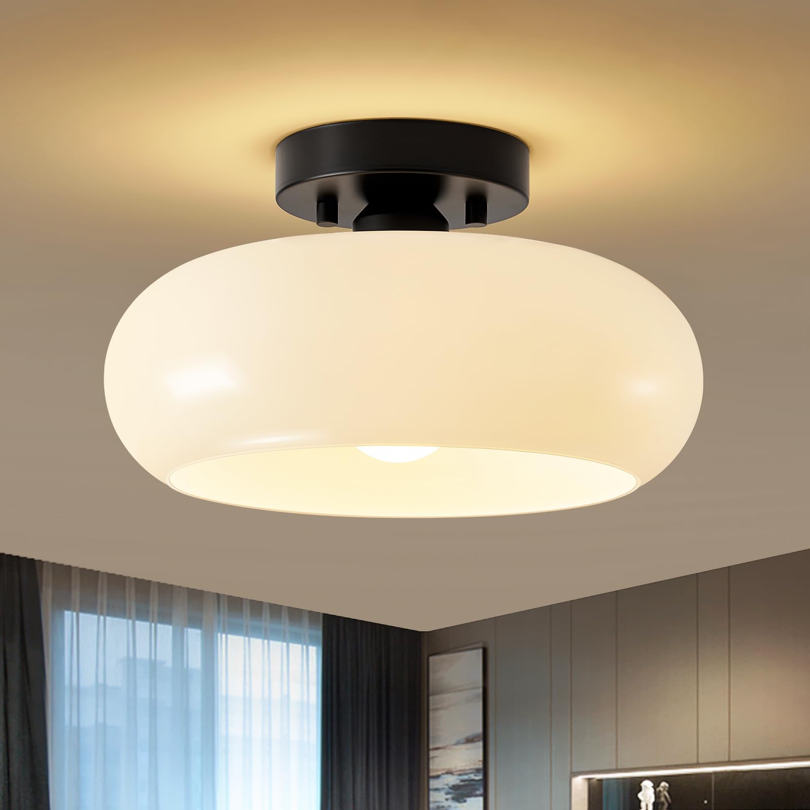 Photo 1 of WOKNOS Mid-Century Modern Semi Flush Mount Ceiling Light, Metal Kitchen Light Fixture with Glass Shade,Vintage White and Black Colse to Ceiling Lamp for Entryway Hallway Bathroom (11.0 Inch)