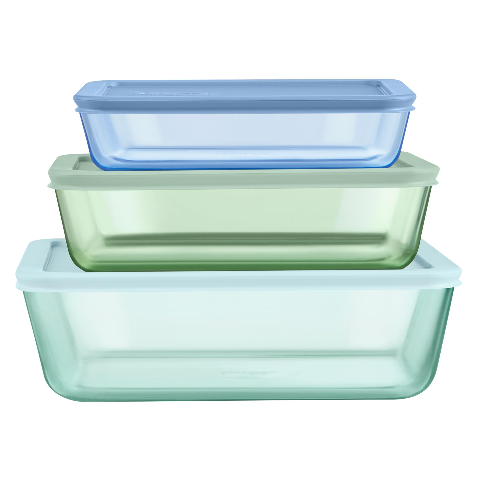 Photo 1 of Pyrex Colors (3-Pack, Large) Tinted Glass Rectangle Food Storage Container Set, Snug Fit Non-Toxic Plastic BPA-Free Lids, Freezer Dishwasher Microwave Safe, 3 Cup, 6 Cup & 11 Cup