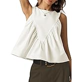LIWEIKE Womens Peplum Babydoll Tank Top Crewneck Sleeveless Shirred Swing Tops Summer Loose Fit Ruffled Shirts