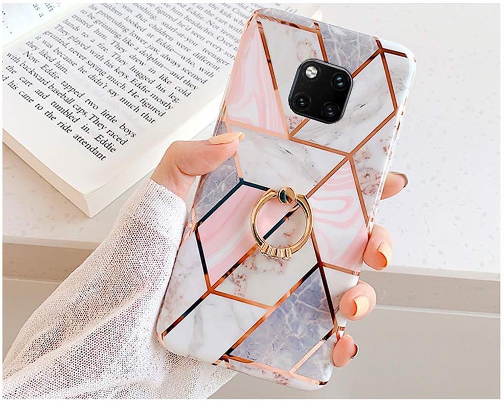 Uposao Compatible with Huawei Mate 20 Pro Case Women Girls Glitter Marble Design TPU Soft Rubber Silicone Cover with Ring Holder Kickstand Shockproof Clear TPU Bumper,Marble Pink White