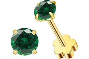 VDKIDKT Gold Flower Screw Back Birthstone Stud Earrings for Women Girls, 3mm G23 Tiny CZ Flat Back Stud Earrings, Screw Back 