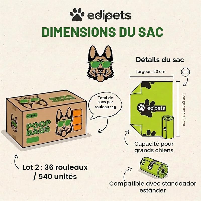 , Sac a Crottes Chien, 36 Rouleaux / 540 unités, Extra Épais, Étanche, Pour Chiens, Animaux de Compagnie, non Parfumés (36 Rouleaux / 540 unités)