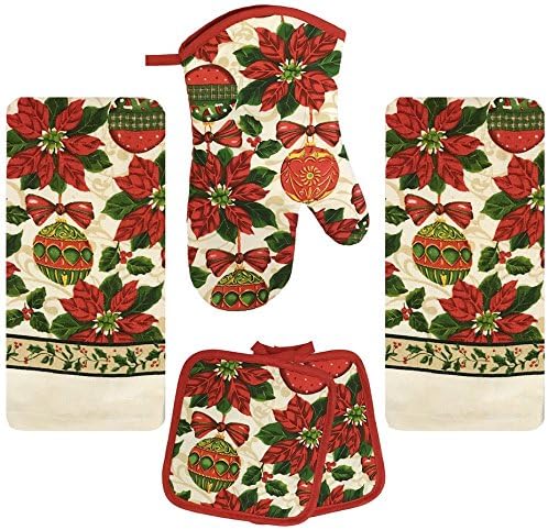 Holiday Poinsettia 5 Piece Christmas Towel Set