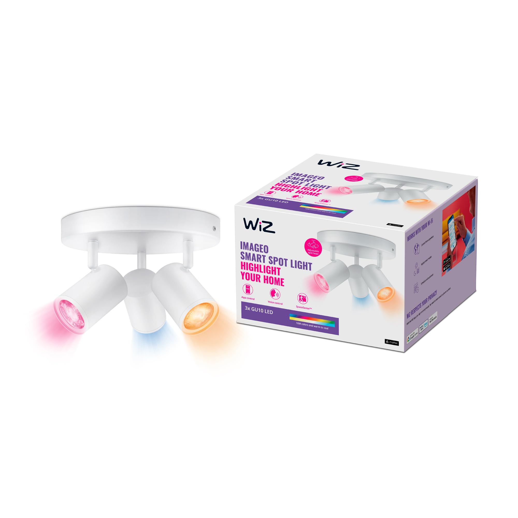 WiZ Colour Imageo Smart Connected WiFi Ceiling Light Spot Fixture. [3 Spot - White Rectangle] App Control for Indoor Home Lighting, Livingroom and Bedroom — image 1