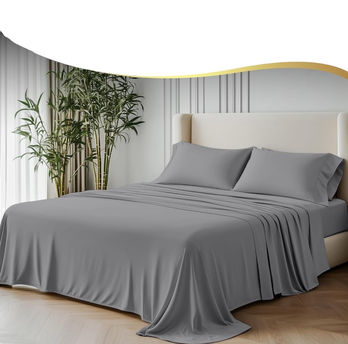 GF 100% Organic Bamboo Bedding Set 300tc Luxurious Sateen Weave Bed Set Duvet Cover, Extra Deep 40cm Fitted Sheet, 2 x Pillow Cases Grey Kingsize