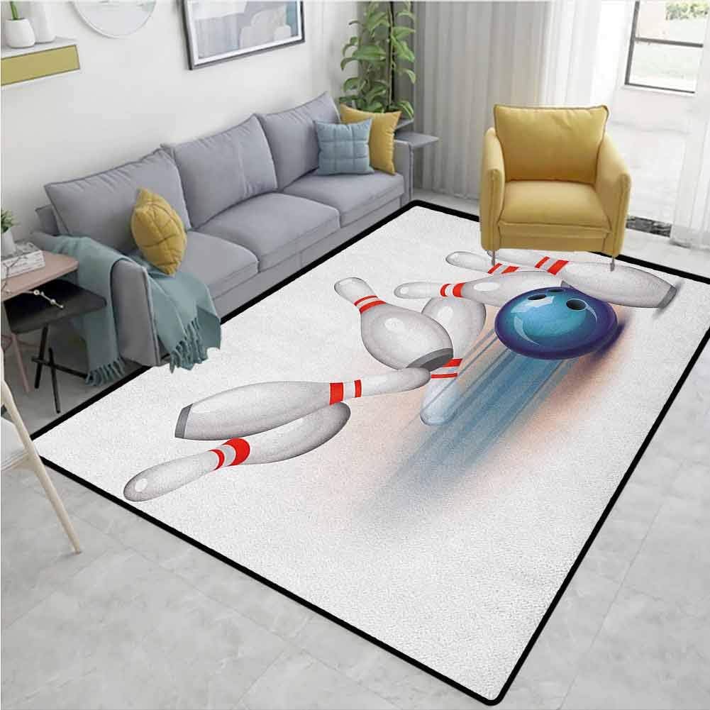 Area Rug Rugs Bowling Party,Print,Thrown Ball and Scattered Pins Speed Hit The Target Shot Score,Large Floor Mat for Living Dining Dorm Playing Room Bedroom,White Pale Blue Red 7'6x10'