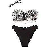SHENHE Women's Leopard Print Bandeau Bikini Set Scalloped Lace Up Tube Strapless Swimsuits