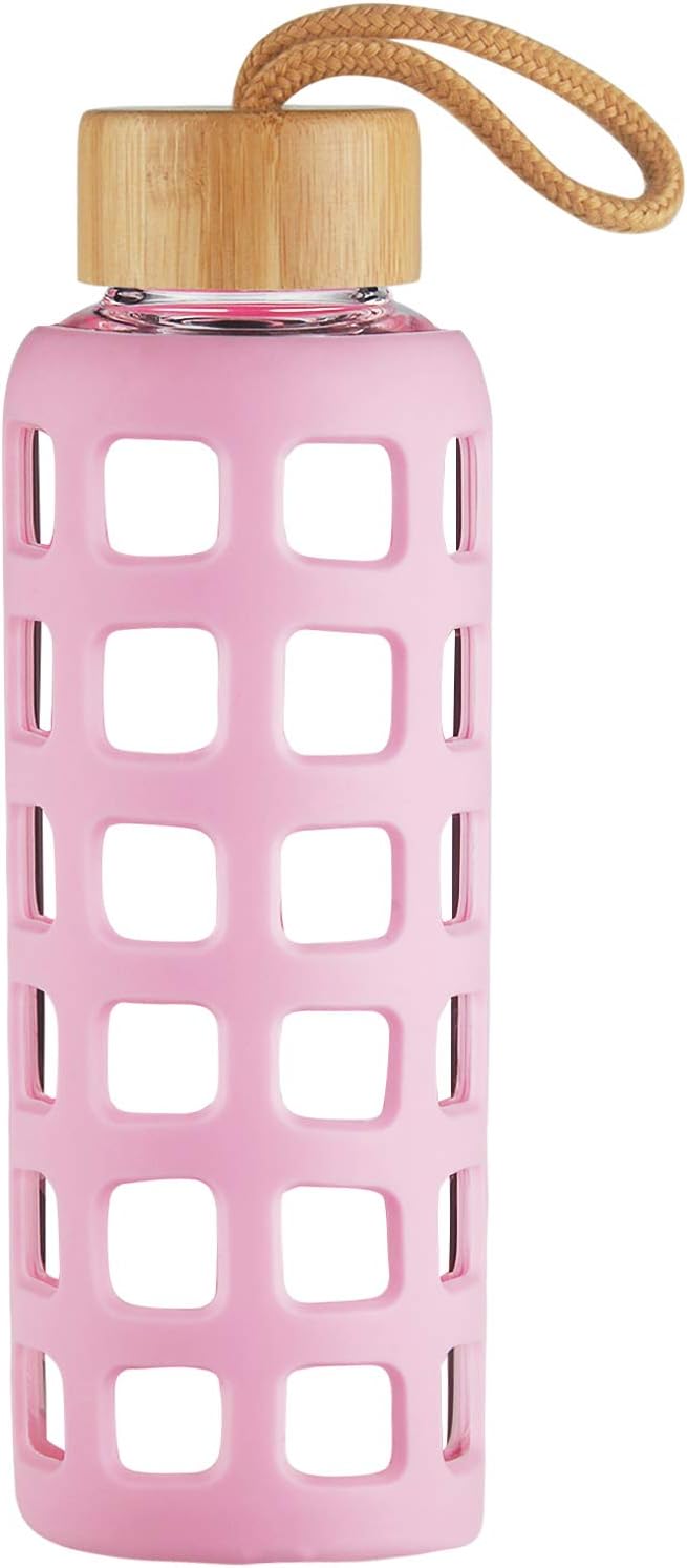 Cleesmil Sports Glass Water Bottle with Silicone Sleeve with Bamboo Lid BPA Free 1000 ml / 1 litre （Rose）
