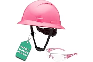 RIDGEROCK Pink Hard Hat Construction Helmet OSHA Approved Vented Full Brim Safety Pink Hard Hats for Women with Safety Glasses, Cascos De Construccion Work Hardhat, 6 Point Ratcheting System