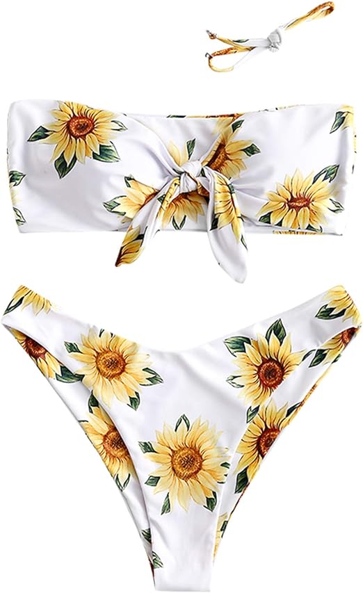 sunflower print lace up back bikini set