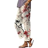 Women's Boho Floral Print Straight Leg Pants High Waist Elastic Baggy Trousers Summer Vacation Beach Pants with Packet