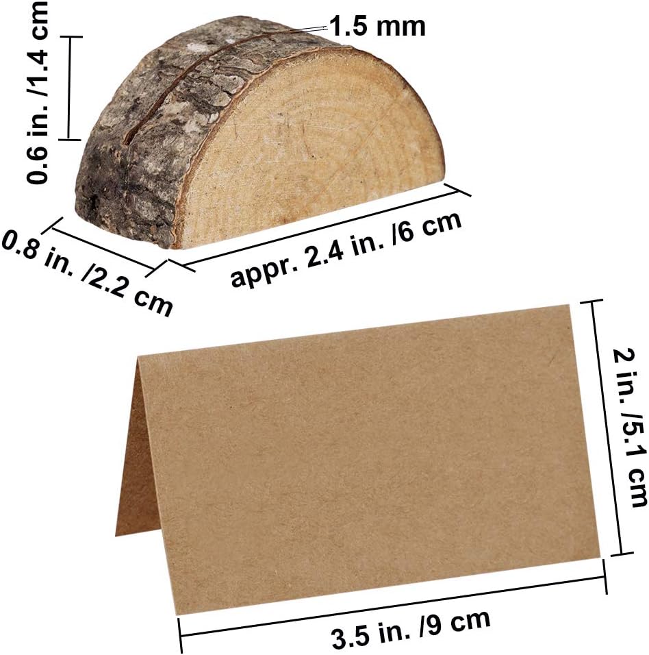 Supla 20 Pcs Rustic Wood Wedding Place Card Holders with 30 Pcs Kraft Tented Cards Half-Round Table Numbers Holder Stand Wooden Memo Holder Card Photo Picture Note Clip Holders Escort Card Holder: Home & Kitchen