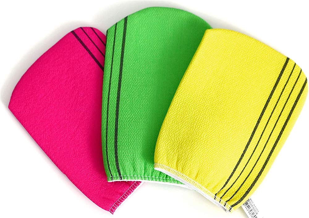 Korean Exfoliating Bath Washcloth，Genuine Korean Exfoliating Bath Scrub Mitten - 3pcs (7.6 inch x 5.3 inch)