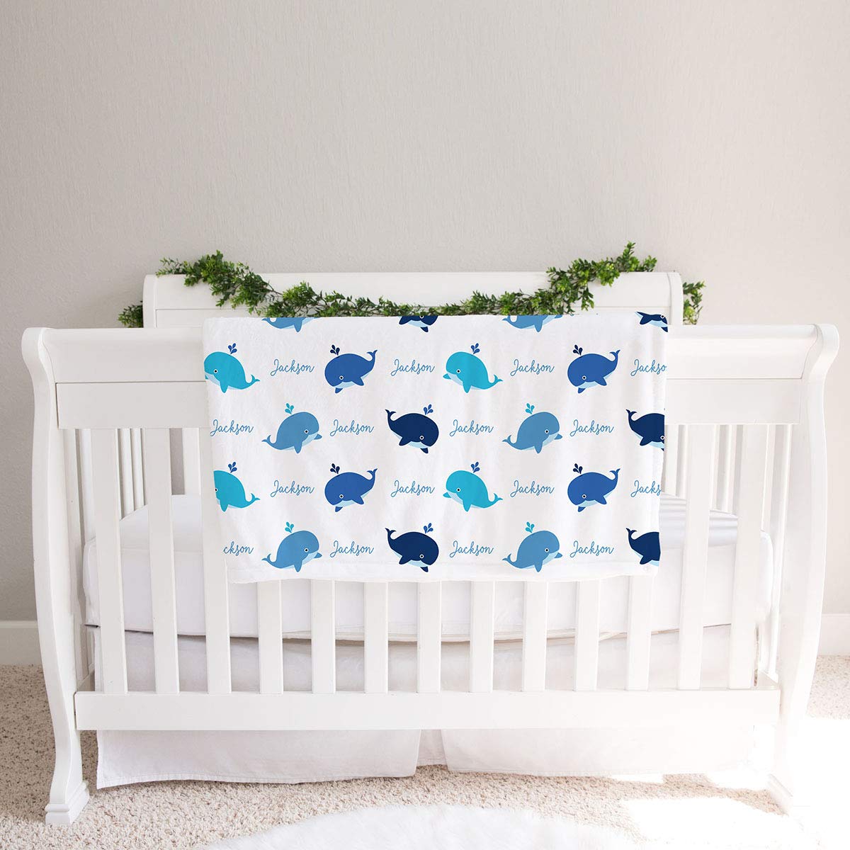 Lovable Gift Co Personalized Whale Print Fleece Baby Blanket Blue