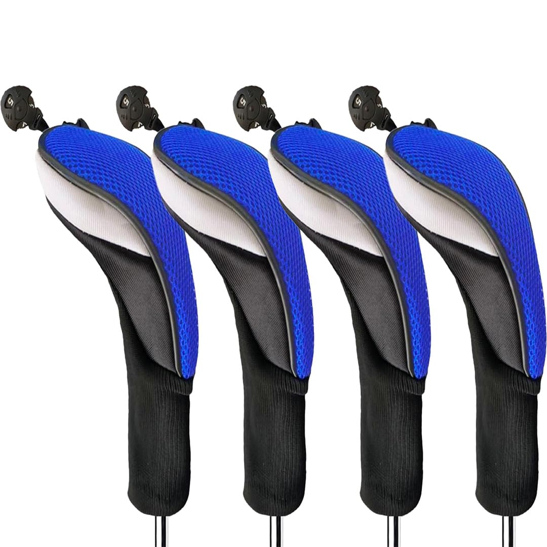FINGER TEN Golf Club Head Covers Woods Hybrids Long Cover, Headcovers with Interchangeable No. Tags Fit All Hybrids Wood Clubs Light Durable (Blue-4 Pack Hybrid Covers)