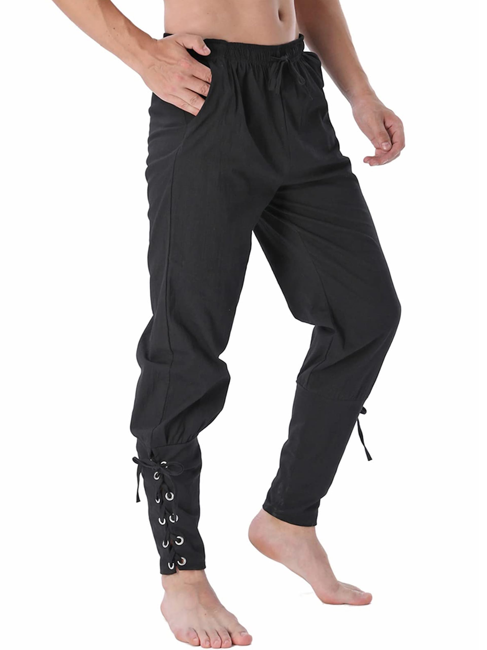 Photo 1 of BEDJIMI Mens Medieval Viking Pants Halloween Navigator Pirate Pants Renaissance Ankle Banded Lace Up Casual Trousers