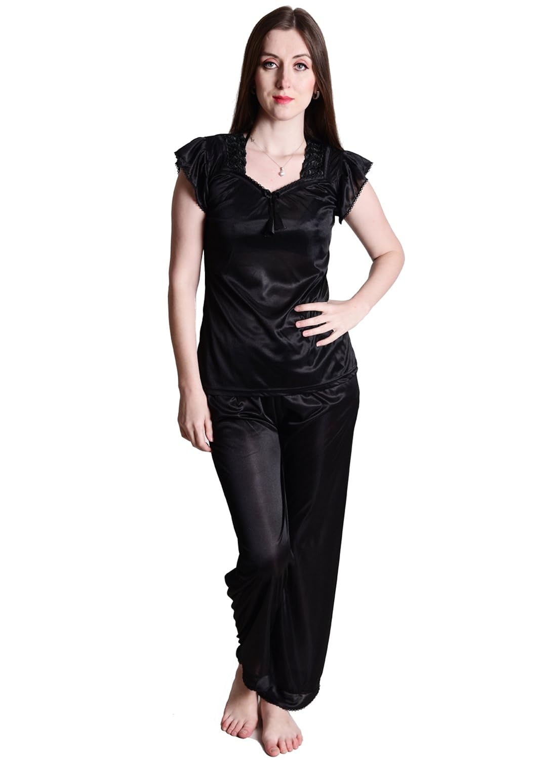 senslife soft & smooth satin solid nightwear cap sleeve night suit top & pajama set sl020