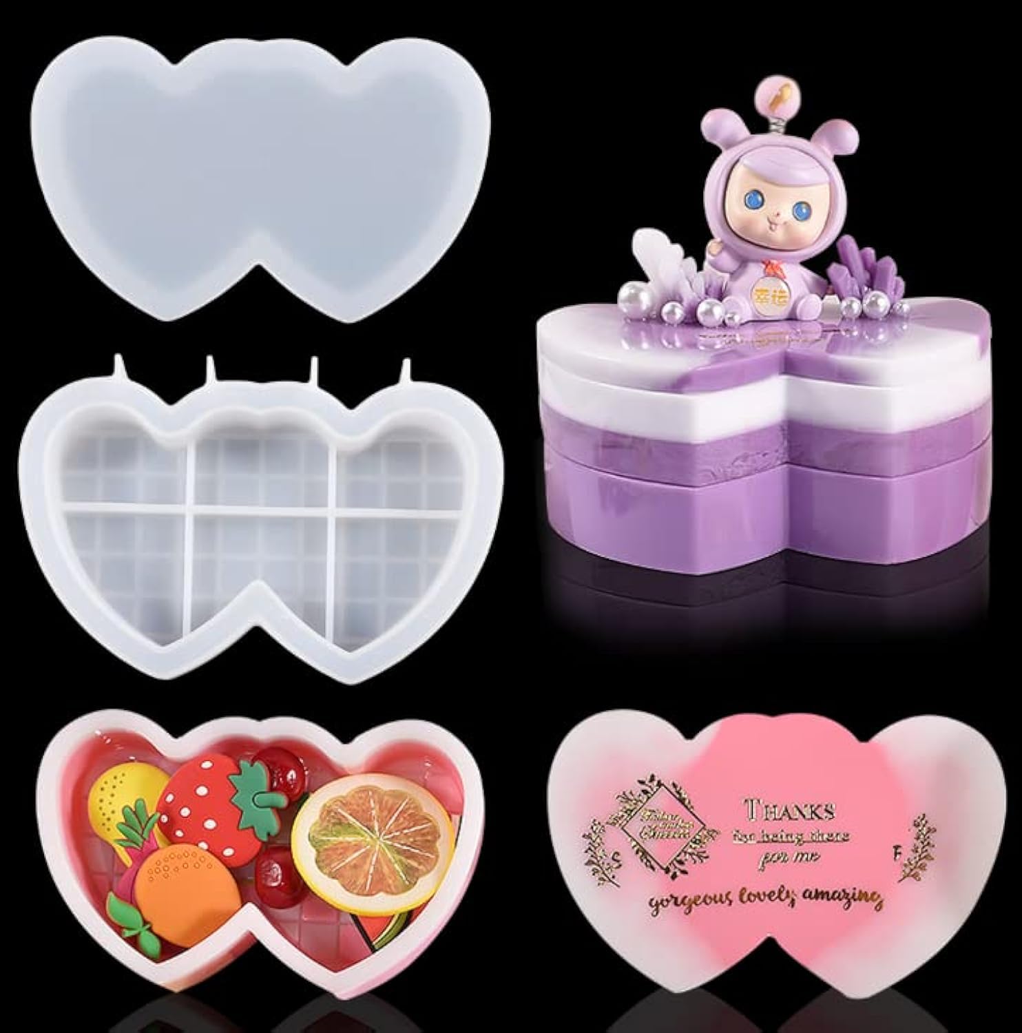 DeryArcle 2Pcs Double Heart Box Resin Mould Trinket Case Silicone Moulds with lid Jewellery Storage Mold Container Epoxy Resin Casting Molds for DIY Cosmetic Candy Organizer Craft Home Decor