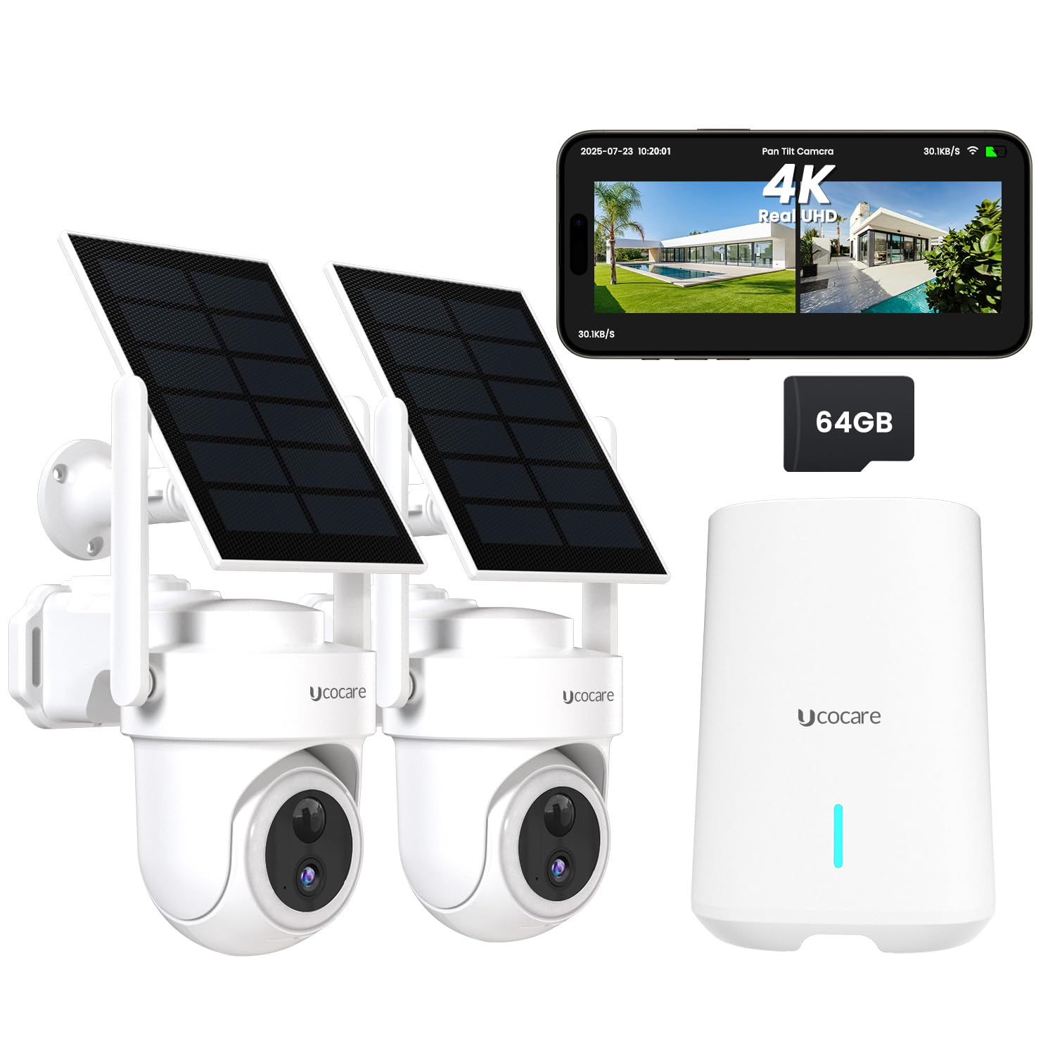 Photo 1 of UCOCARE Solar Security Camera System, Stable 300m WiFi Coverage, 4K Solar Cameras for Home Security with Base Station, 64GB TF Card, No Subscription, 360° AutoTracking, 5G & 2.4G WiFi, 2 Cam-Kit