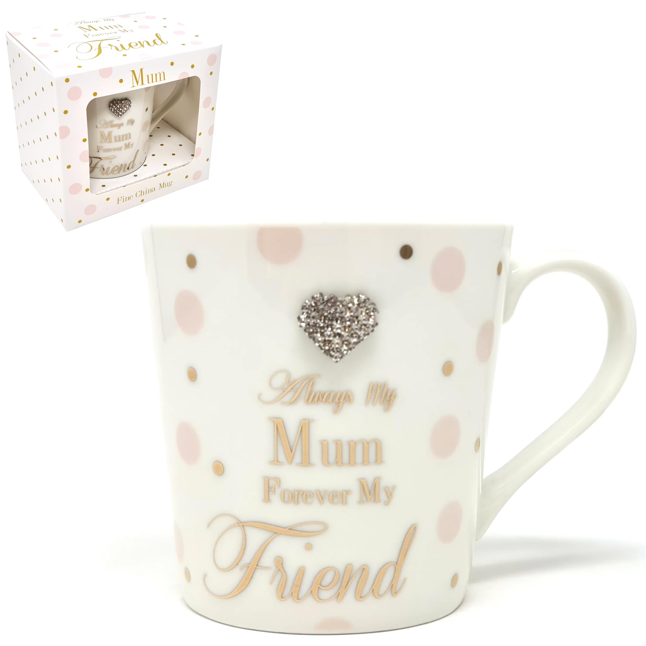 Leonardo Fine China Tea Coffee Mug "Always My Mum Forever My Friend" Spotted Metallic Gold Text Design Diamante Boxed Cup