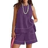 Rapbin Women Two Piece Short Set Drawstring Elastic Waist Pants Round Neck Tank Tops Comfy Sweatsuit Soft Sleepwear