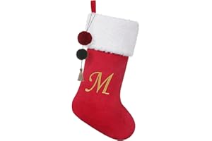 Pxniy 19.5 inches Personalized Velvet Christmas Stocking,Initials Embroidered Letter Christmas Stocking with pom poms, for Fireplace Hanging Decor and Xmas Gift(Red M)
