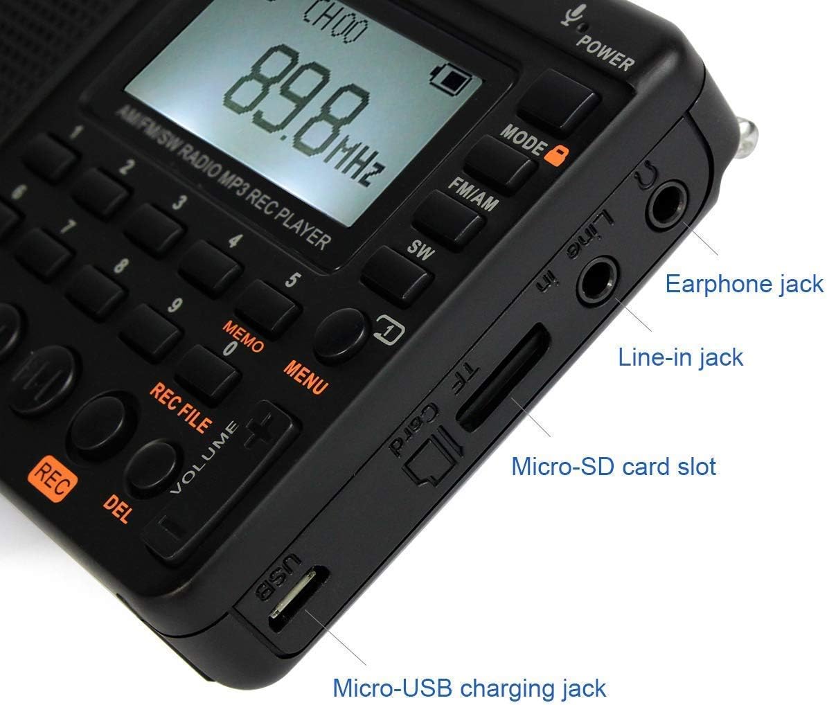 Retekess V115 Portable AM FM Radio with Shortwave Radio MP3 Player Digital Record Support Micro SD TF Card Sleep Timer and Rechargeable Battery(Black): Electronics