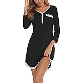 Yukiuiny Women's Sleep Dresse 3/4 Long Sleeve Lace Trim Pocket Loose Fit Sleepwear