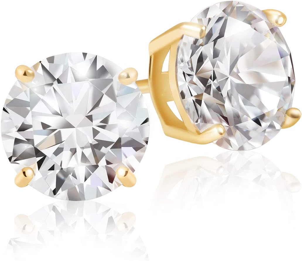 925 Sterling Silver Gold Plated Round Cut AAA Cubic Zirconia Stud Earrings - 1 Carat Total Weight CZ