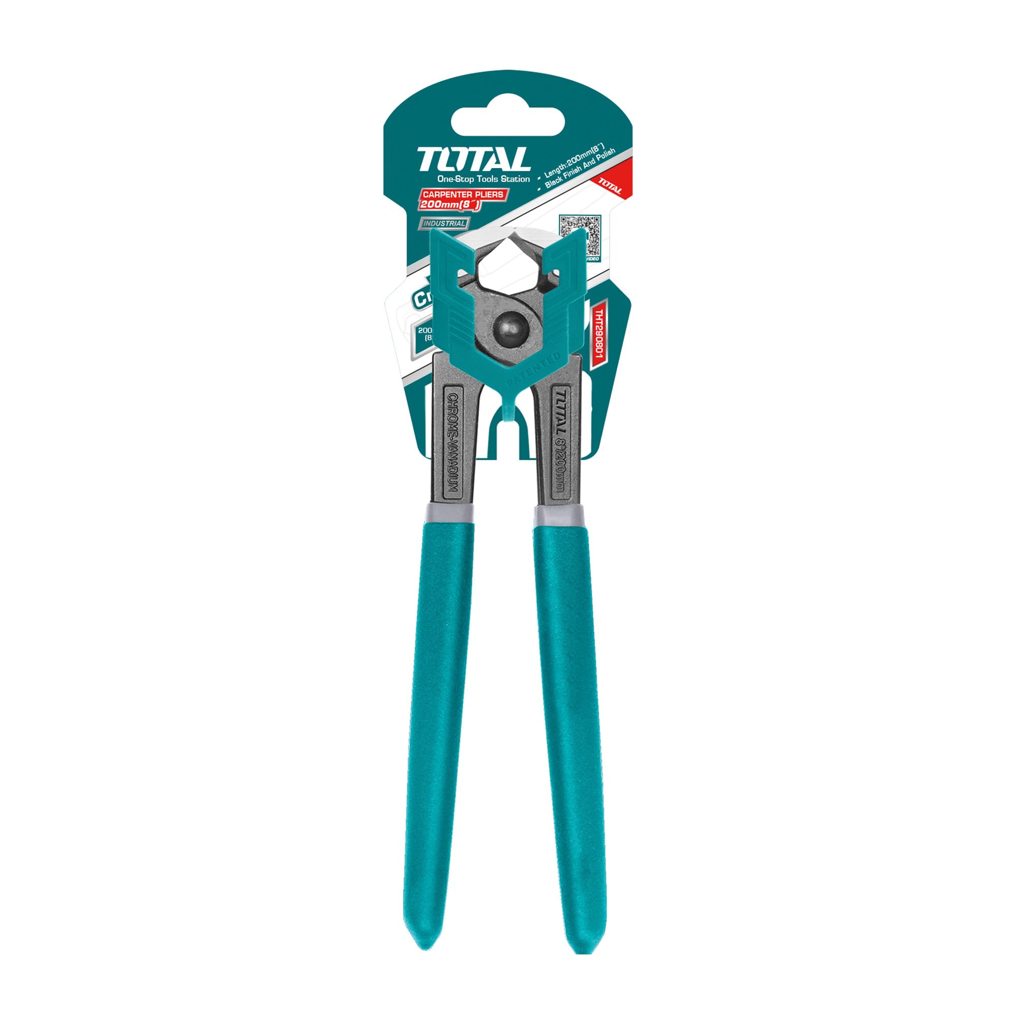 Total - Carpenter Pliers | 200 mm for Holding & Bending Wood | Chrome Vanadium for Durability | Comfortable Plastic Handle | Ideal for Tool Belt, Schwarz, Chromium-Vanadium Steel