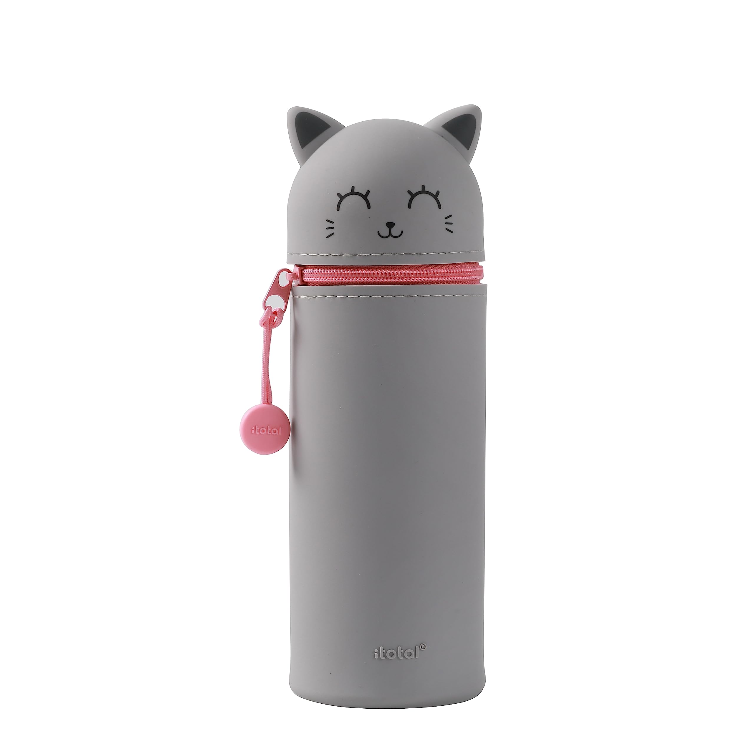 I-TOTAL® - Soft Silicone Pencil Case for School - Extendable with Animal Shaped Shape, Beauty Case (Grey CAT)