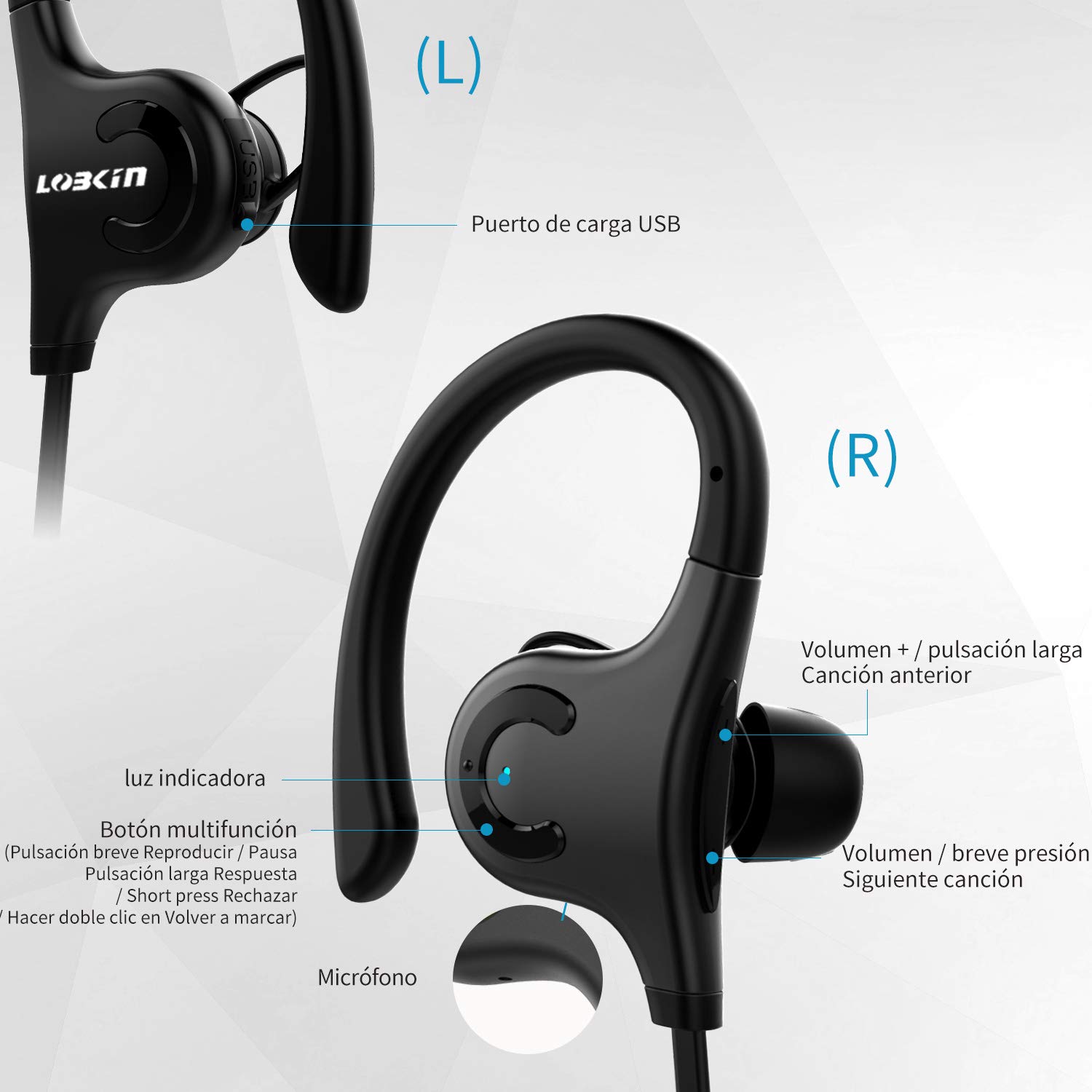 Auriculares Bluetooth, LOBKIN S2 Auriculares inalámbricos a Prueba de Agua IPX5, Altavoces estéreo HD con micrófono, Auriculares con cancelación de Ruido (Negro) (Negro)