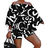 2 Piece Outfits for Women Sexy Off Shoulder Long Sleeve Plus Size Tops High Waisted Bodycon Shorts Set