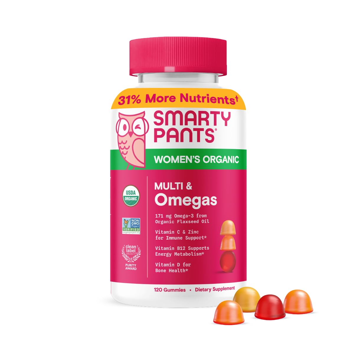 SmartyPants Organic Women's Multivitamin Gummies: Biotin, Methylfolate, Omega 3 (ALA), Vitamin D3, C, Vitamin B12, B6, A, K & Zinc, Inositol, Gluten Free, Vegetarian, 120 Count (30 Day Supply)