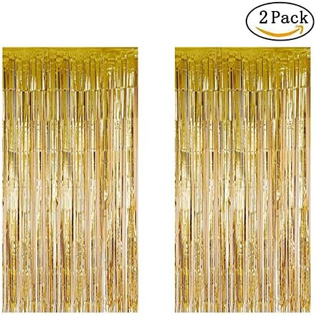 2 Pack Metallic Tinsel Foil Fringe Curtains for Party Photo Backdrop Wedding Decor (Gold, 3.2 ft x 8.2 ft)