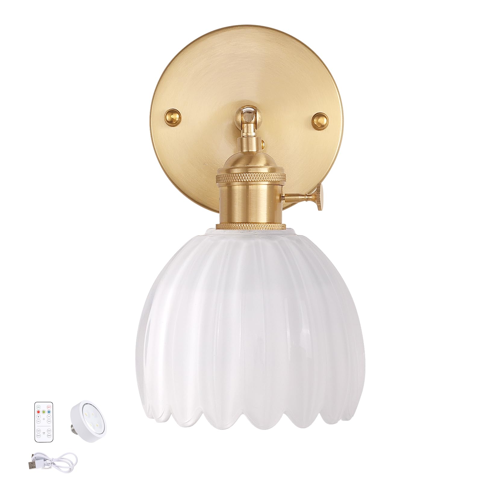 Photo 1 of Shenmoyl Vintage Battery Operated Wall Sconce with White Tulip Glass Lampshade Rechargeable Battery Powered Wall Light with Remote Control for Bedside Bedroom Doorway