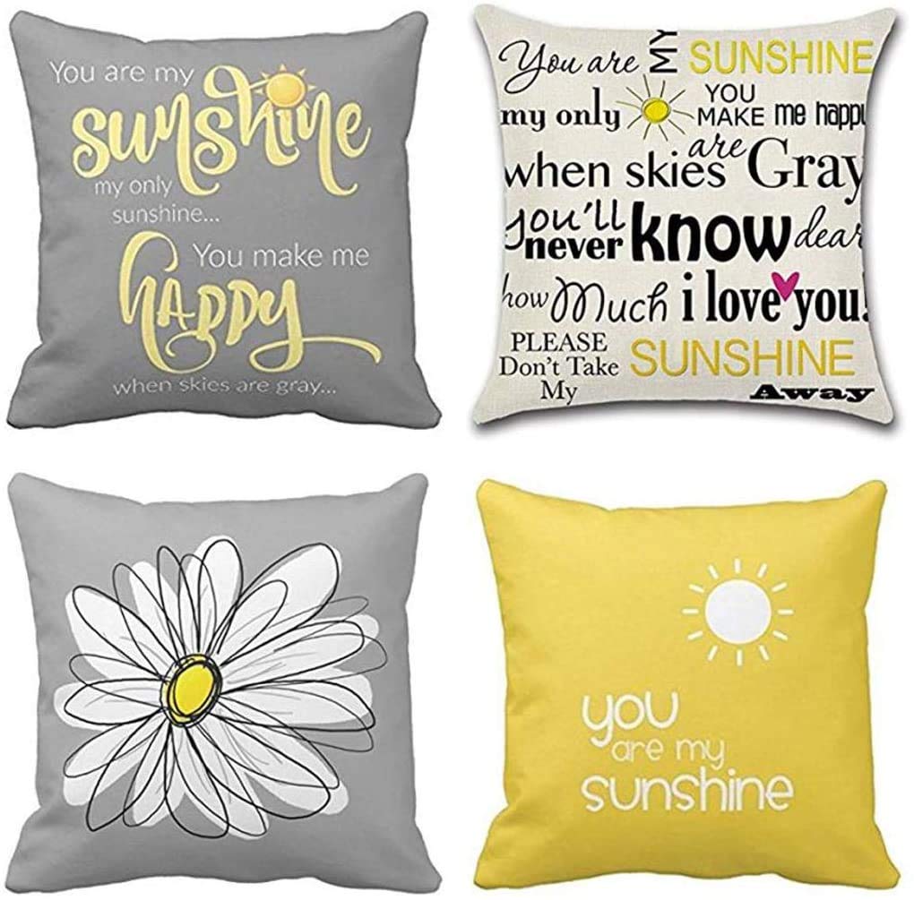 TOMMO Set of 4 Cushion Covers 50 x 50cm You are My Sunshine Yellow Gray with Chevron Words Decorative Throw Pillow Covers Home Decor Square cushion covers 20x20 Inches