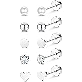 MILACOLATO 5Pairs G23 Titanium Flat Back Earrings Surgical Stainless Steel Stud Earrings for Women Men Opal Pearl Turquoise Cubic Zirconia Sleeper Cartilage Screwback Earrings Piercing Studs Titanium Earrings for Sensitive Ears