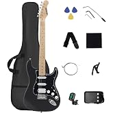 RVONE RST-150 39-Inch Right-Handed Electric Guitar Kit, HSS, Amp, Black | 39-inch guitar with HSS pickups, amp, gig bag, tuner, capo, strap, spare strings, and quiet headphone practice for beginners