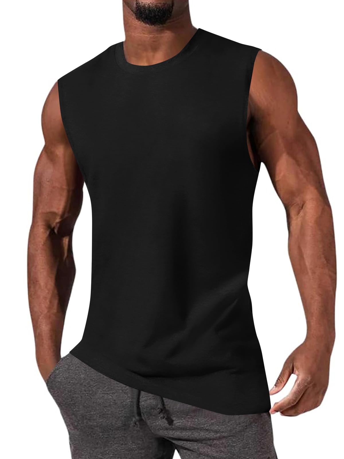 Photo 1 of iudam Mens Workout Sleeveless Shirts Cotton Casual Tank Tops Muscle Gym Cut Off T-Shirts (Black,L)