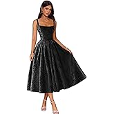 Mmufk Jacquard Satin Prom Dresses 2026 Floral Square Neck Tea Length Ruched Elegant Formal Ball Gown with Pockets