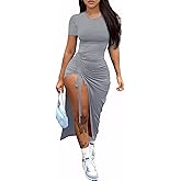 Nimsruc Women Sexy Summer Dresses Short Sleeve Thigh-high Slit Ruched Bodycon Maxi Club Cocktail Party Dress