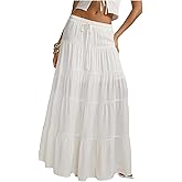 MakeMeChic Women's Boho Linen Elastic Waist Skirt Tie Front Tiered Ruffle Flowy Maxi Skirts